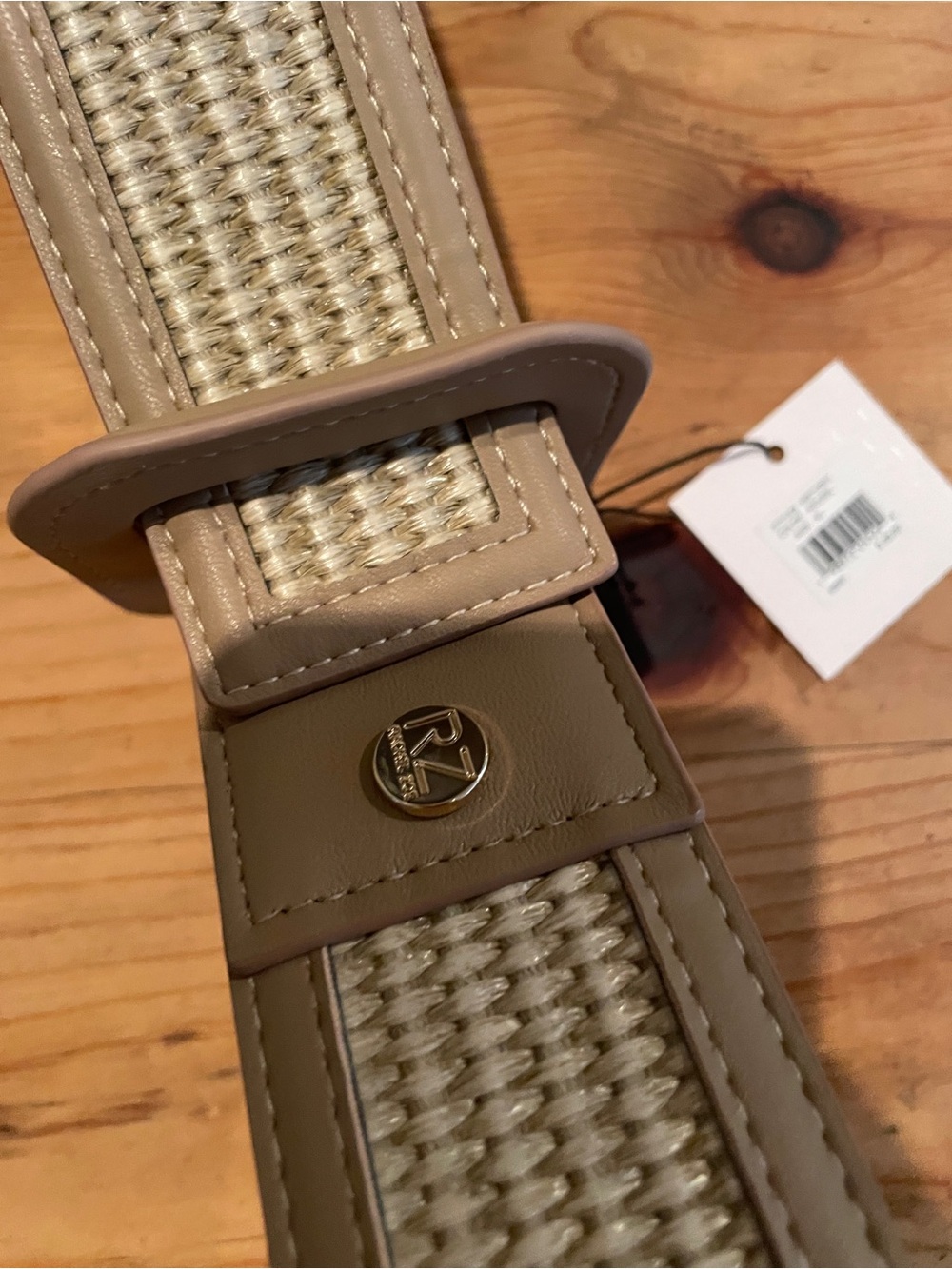 NWT Rachel Zoe Woven Faux Leather Wide Belt square closure Career Neutral XL
